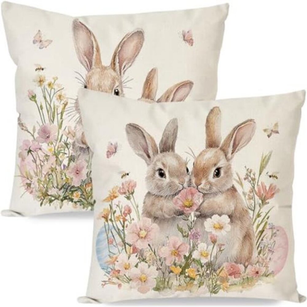 Easter Bunny Throw Pillow Cover 18x18 Set of 2 Rabbit Flower Pillow not Included